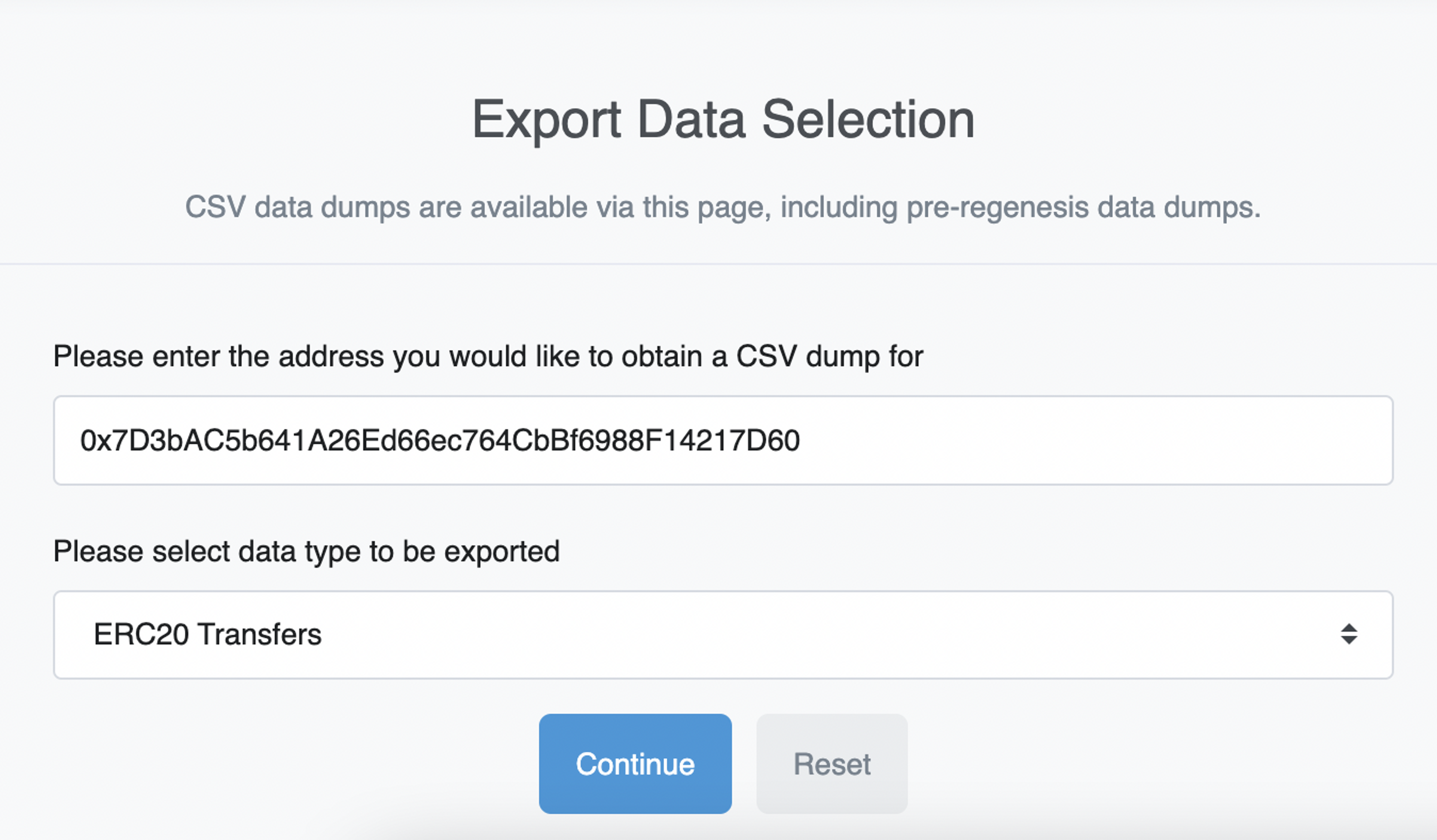 Etherscan data export page.