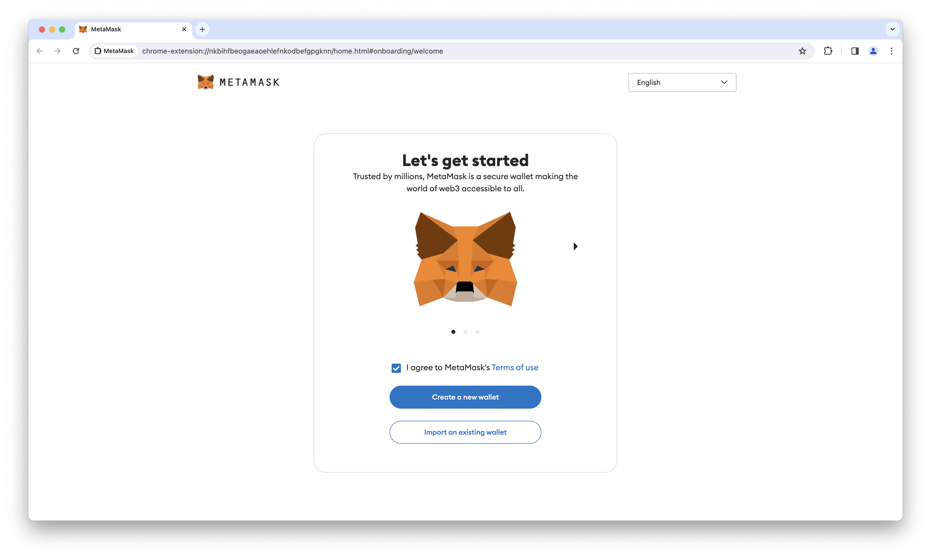 MetaMask wallet creation page.